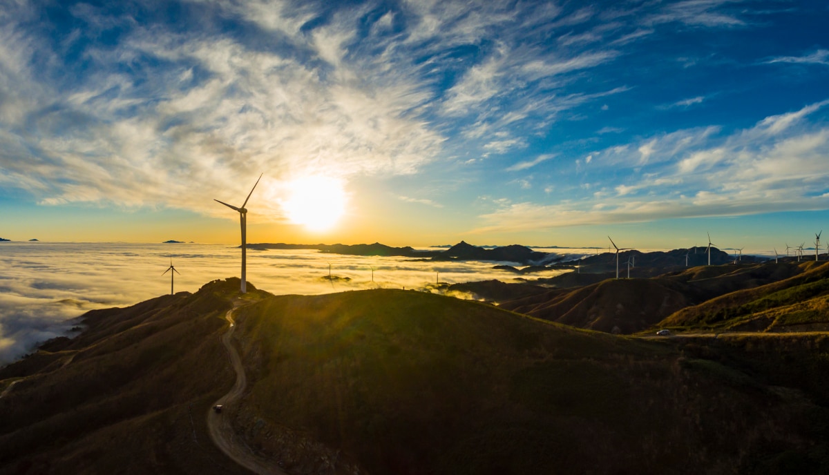 sunset on a wind turbine farm