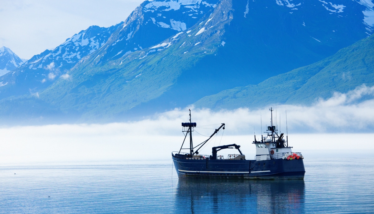 Fishing boat in water with snow-capped mountain and fog in background