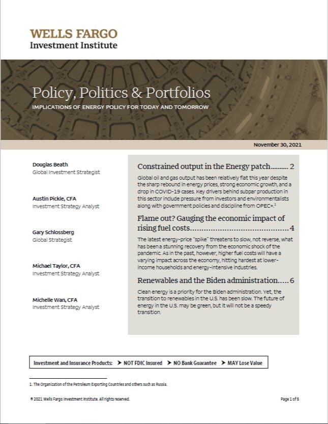 Cover of Wells Fargo Investment Institute report titled Policy, Politics & Portfolios
